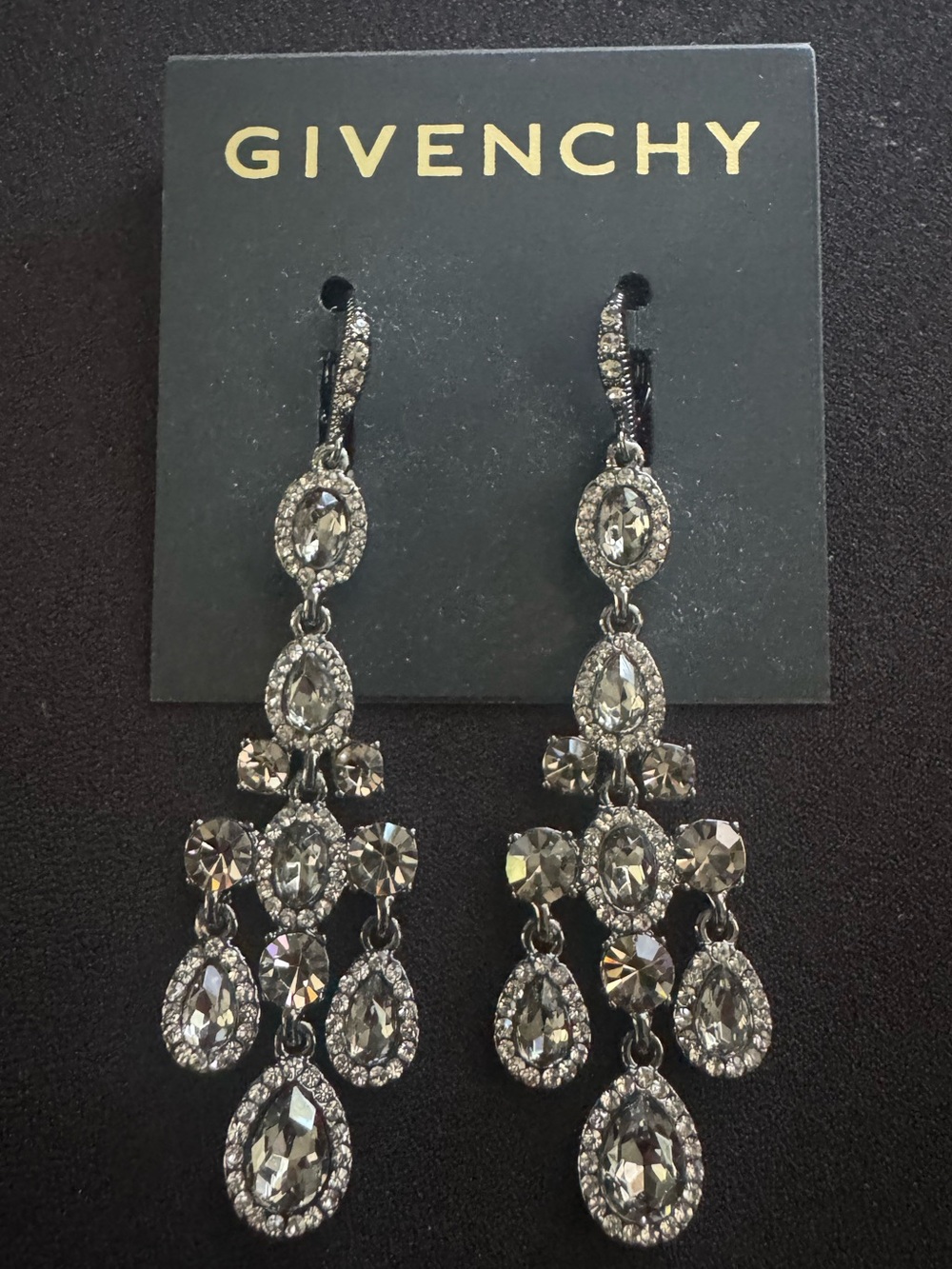 Givenchy Chandelier Earrings Black Diamond Crystal Gunmetal Leverback NWT